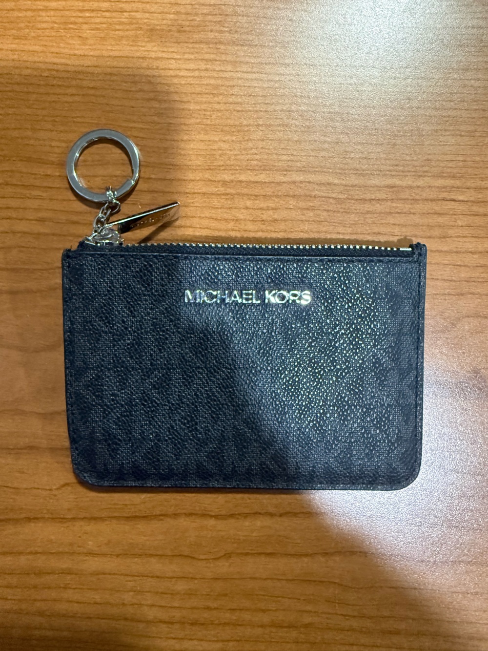 Michael Kors Black Leather Zip Card Case with Gold Hardware and Keyring